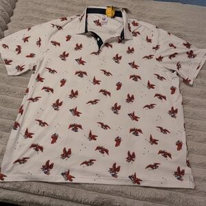 Men's White and Red Patterned Polo Shirt